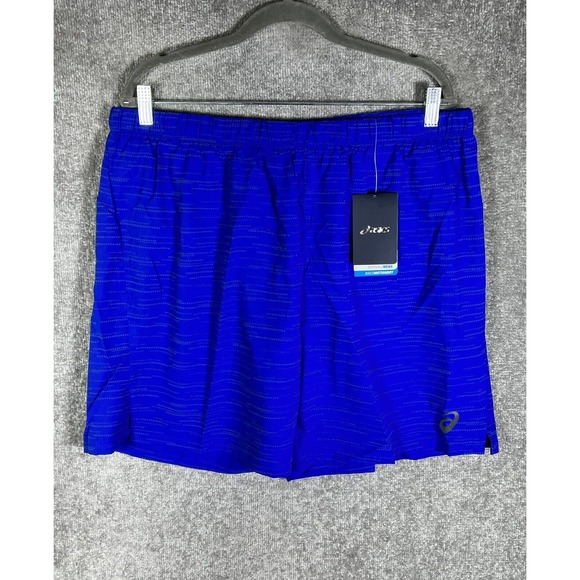 Asics Lite Show 7‎ Inch Running Shorts Mens XXL Blue Reflective Print Zip Pocket - Picture 1 of 14